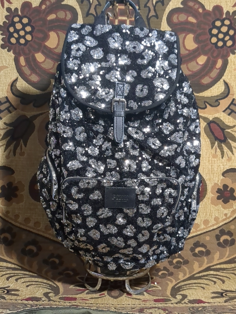 PINK Victoria's Secret Black and Silver Sequin Leopard Print Backpack